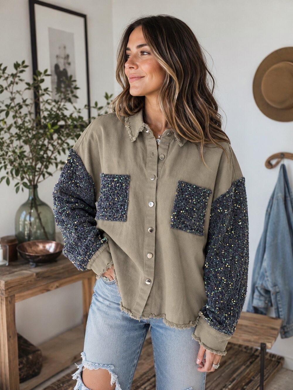 Women’s Sequin Sleeve Shacket XL Khaki Brown Oversized Raw Hem Snap Button